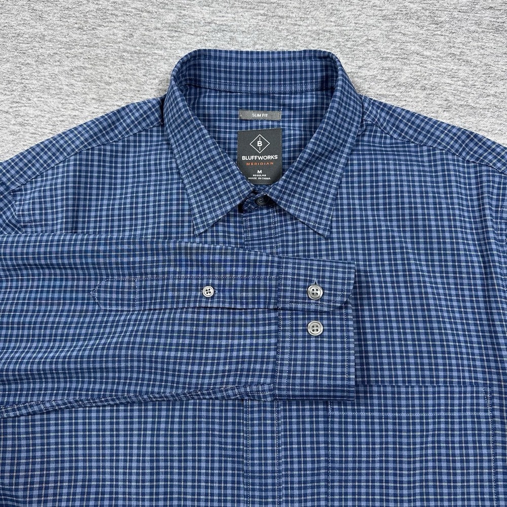 Bluffworks Shirt Mens Medium Meridian Slim Blue Plaid Long Sleeve Button Up City